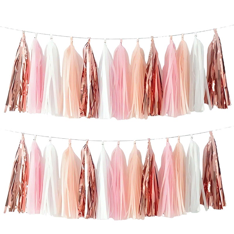 AimtoHome Rose Gold Peach White Pink Tassel Garland Banner, 20 Pack, Tassel Garland Party Decorations for Birthday, Boho Music Festival, Baby Shower,Bridal,Wedding - Image 1
